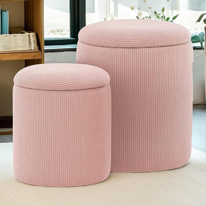 YSICK Round Ottoman with Storage, Set of 2, Small Vanity Stool as Vanity Chair, Corduroy Ottoman Foot Rest for Small Space, Living Room, Bedroom, Pink