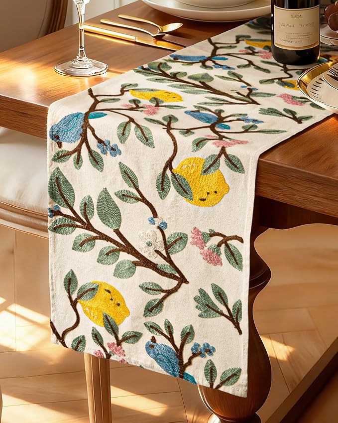 Canvas Embroidered Table Runner - 13"x 90" Coffee Table Runner for Living Room Boho Tablerunner for Dining Room Washable Farmhouse Kitchen Island Counter Decor Housewarming Gift, Lemon Bird