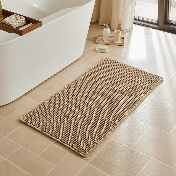 Triohero Waffle Bath Mat, Boho Bathroom Rugs Non Slip Washable, Ultra Soft Super Absorbent Quick Dry Farmhouse Bathroom Decor, 24" x 48", Khaki