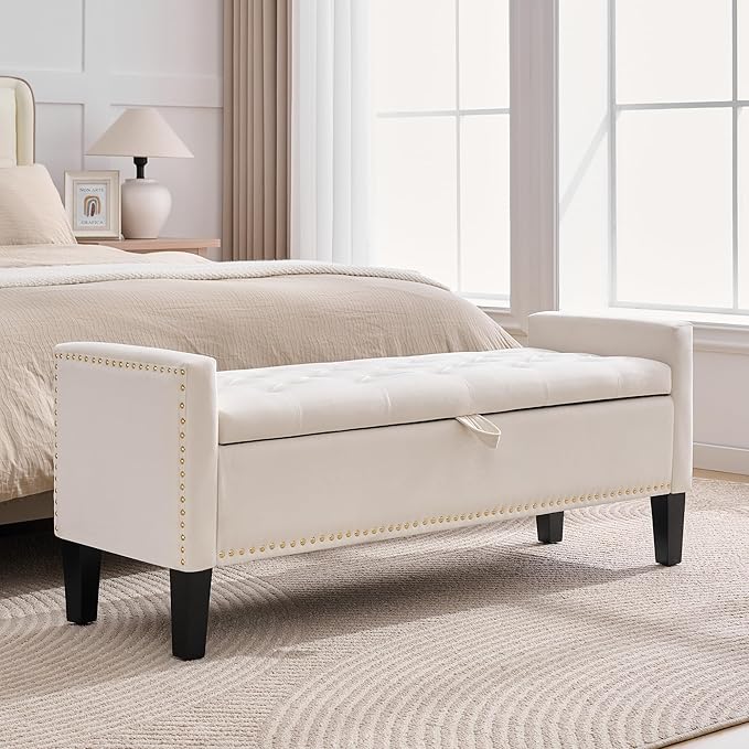 51" Storage Ottoman Bench, Velvet Large End of Bed Bench with Arms, Modern Storage Bench for Living Room, Bedroom, Entryway, Window, Holds up to 500 lb