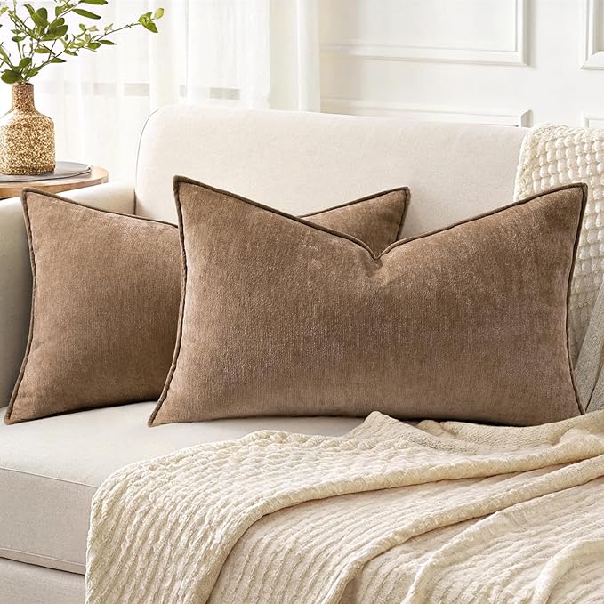 decorUhome Summer Couch Throw Pillow Covers 12x20 Set of 2, Decorative Soft Velvet Modern Cozy Chenille Lumbar Pillow Cases with Elegant Design for Sofa Bed Living Room Home Decor, Brown