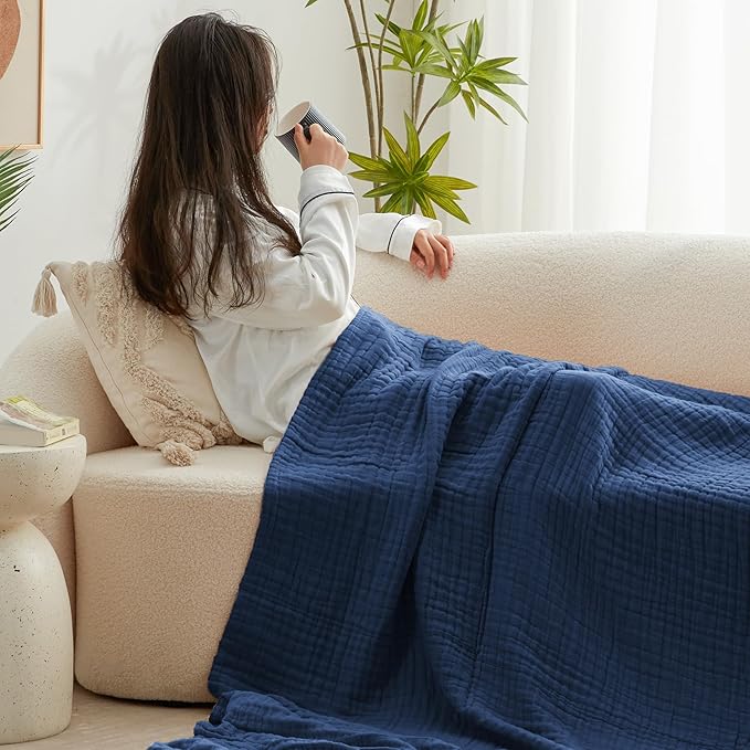 Love's cabin 100% Cotton Muslin Blanket, 6 Layer Lightweight Breathable Gauze Throw Blanket 50 x 60 Inches, Soft All Season Blanket for Couch, Bed, Sofa, Dark Blue