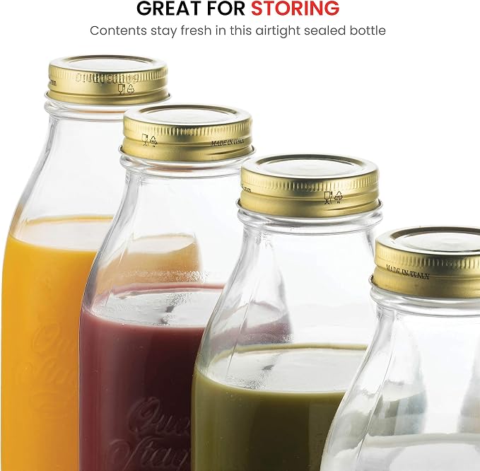 Bormioli Rocco Quattro Stagioni Bottles - 33.75 Oz Glass Jars with Airtight Twist Lids for Pantry Storage, Homemade Gifts, Seasonal Décor, Beverage Serving & Canning - Made in Italy (Set of 2)