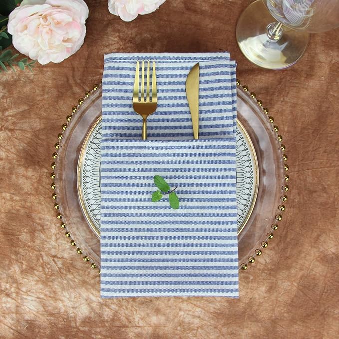 Plain Striped Cotton Linen Blended Dinner Cloth Napkins - Set of 12 (17 x 17 inches) - for Events & Home Use (Blue)