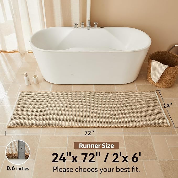 Triohero Waffle Runner Bath Mat - Long Bathroom Rugs Non Slip Washable, Ultra Soft Super Absorbent Quick Dry Boho Farmhouse Bathroom Decor, 24" x 72", Khaki & White