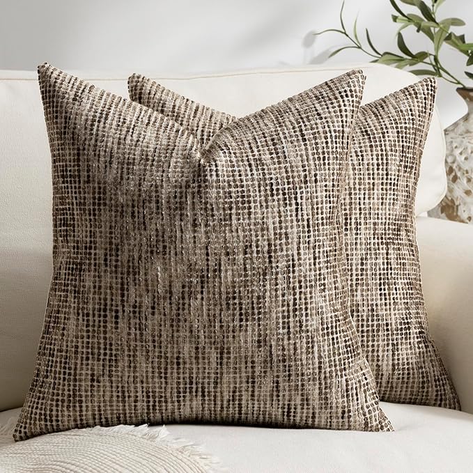 Pack of 2 Neutral Throw Pillow Covers 18x18 Boho Textured Dots Stripe Chenille Square Decorative Pillow Cases Accents for Living Room Couch Bed Farmhouse Home Decor, Chocolate Brwon