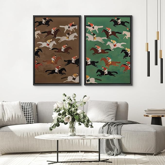 SIGNWIN Framed Canvas Print Wall Art Set Vintage Horse Racing Jockeys Illustrations Modern Art Rustic Colorful Ultra for Living Room, Bedroom, Office - 16"x24"x2 Black