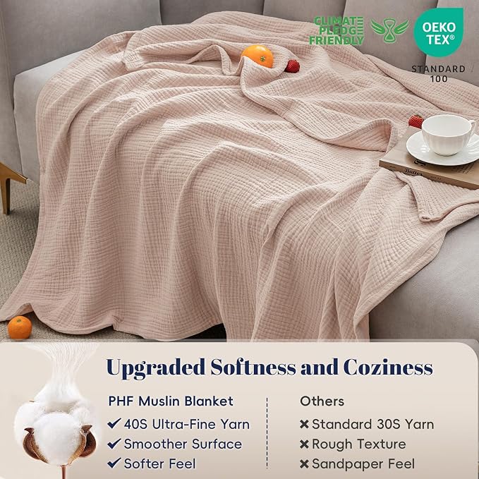 PHF 100% Cotton Muslin Blanket Twin XL Size 66"x90", 4-Layer Lightweight Gauze Throw, Breathable Cloud-Soft Minimalist Blanket for Bed, Couch, Camping & Baby, Dusty Pink, Ideal Gift