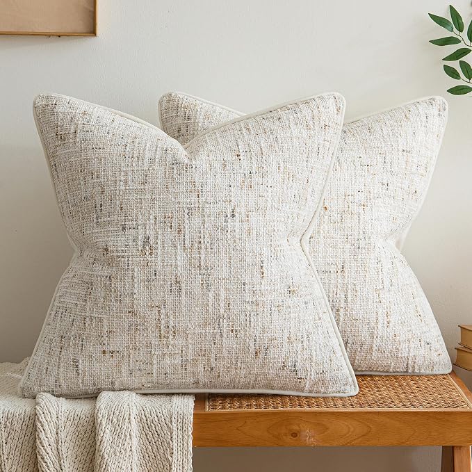 a moment Beige Reversible Pillow Covers 2 Pack - Farmhouse Chenille Velvet Throw Pillows, Neutral Textured Decorative Throw Pillow Covers with Border for Couch Sofa Bed (24x24 Inch, No Insert)