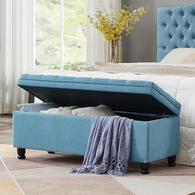 Betoko Linen Storage Benches for Bedroom End of Bed,Mid Century Modern Bed Ottoman Bench with Storage,Button Tufted 45" Long Storage Bench for Entryway Living Room Window (Light Blue)