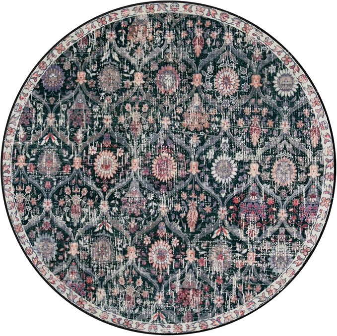 Lahome Moroccan Trellis Washable Round Rugs, Non-Slip Soft Round Rug 4ft Ultra-Thin, Small Vintage Circle Carpet for Entryway Kitchen Bedroom Nursery Bathroom Elise, Black/Multi