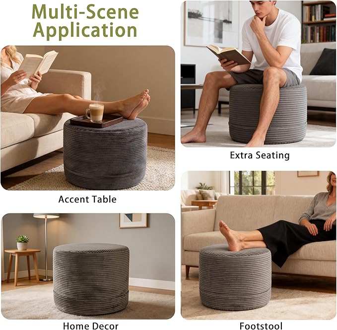 Thgonwid Corduroy Stuffed Round Pouf Ottoman, Foot Stool with One-Piece Cut High-Density Memory Foam, Furry and Fluffy Footstool, Compact Pouf Footrest for Living Room Bedroom, 17"x13", Deep Grey