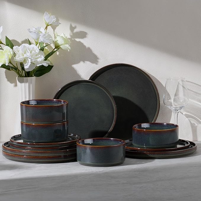E-far 12-Piece Plates and Bowls Sets, Stoneware Dinnerware Dishes Sets for 4, Kitchen Modern Dining Dishware, Chip & Scratch Resistant, Microwave & Dishwasher Safe, Blackish Green