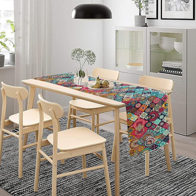 Boho Bohemian Table Runner Colorful Abstract Mid Century Geometric Table Ruuner Decoration for Kitchen Dining Room 13x90in
