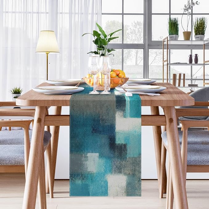 Emvency Farmhouse Table Runner, Modern Teal and Grey Abstract Art Painting for Kitchen Coffee Table Family Dinners Holiday Parties Wedding Events Decor(13x108 inch)