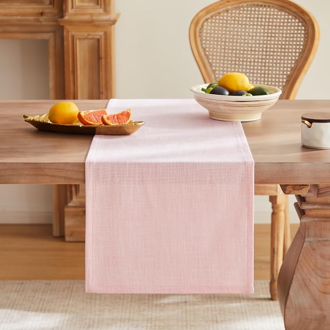 ZeeMart Rustic Cotton Linen Table Runner, 13x72 Inches Pink, Farmhouse Style Pink Table Runners 72 Inches Long, Washable Kitchen Dining Table Decoration for Home Party Decor