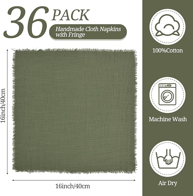 36 Pack Olive Green Handmade Cloth Napkins 16 x 16 Inch Cotton Linen Napkins with Fringe, Washable and Reusable Napkins, Soft Rustic Boho Fringe Cloth Napkins for Dinners, Parties, Wedding