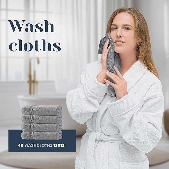 White Classic Luxury Bath Towel Set of 8 Pieces - 100% Turkish Cotton Highly Absorbent Towels for Bathroom, 2 Luxury Bath Towels 700GSM, 2 Hand Towels, 4 Washcloths, Light Gray