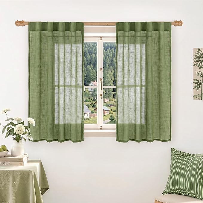 LAMIT 40 Inch Sage Green Linen Curtains for Kitchen Windows Over Sink, Semi Sheer Light Filtering Panels Back Tab and Rod Pocket Spring Decor Drapes for Bathroom/Windows/Cafe, 2 Panels, 34 x 40 Inch