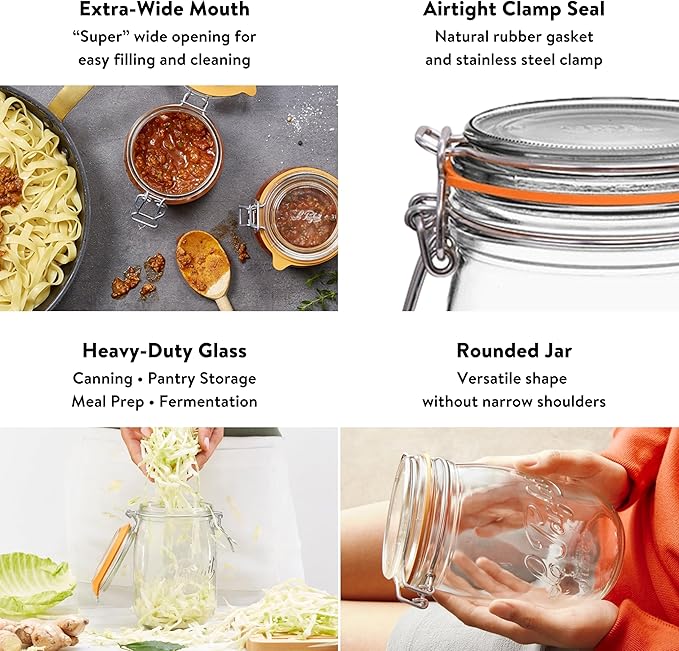 Le Parfait Super Jar 2L (64oz) French Glass Preserving Jar w/Airtight Rubber Seal & Wire Bail Closure - BPA-Free Canning Jar for Pickles, Fruits, Sauces & Food Storage - Made in France Since 1930 3PK