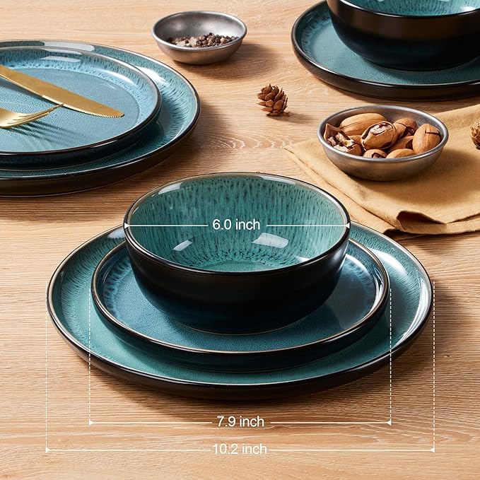 LIANYU Ceramic Dinnerware Sets for 4, 12 Piece Porcelain Stoneware Plates and Bowls, Scratch Resistant Round Kitchen Dishes Set, Dishwasher and Microwave Safe Dinning Ware Set, Pastel Turquoise