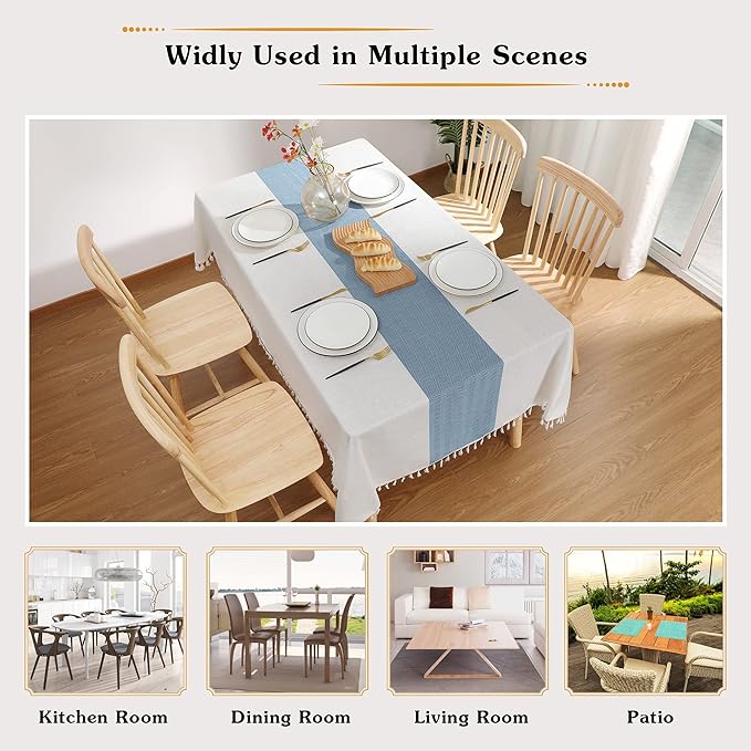 JIALE Tablecloths for Rectangle Tables,Cotton Linen Table Cloth Waterproof Tablecloth Wrinkle Free Farmhouse Dining Tables Cover,Soft Fabric Table Cloths with Tassels, Blue, 55" X 120",10-12 Seats