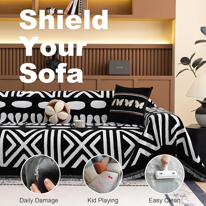 VClife Minimalism Tribal Couch Cover Non Slip White Black Geometric Jacquard Sofa Cover Washable Bohemian Style Aztec Couch Slipcover for Sectional Couch Chenille Furniture Protector 71''x134''