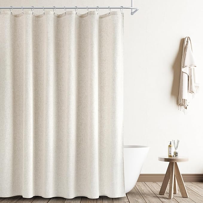 Naturoom Linen Shower Curtain 74 Inch Long Weighted Thick Fabric Bath Shower Curtain Set with Hooks, XLong Tall Country Farmhouse Beige Curtains for Bathroom, 72x74