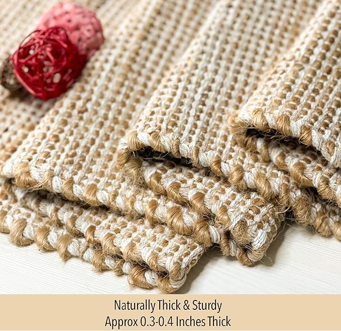Chardin home Natural Jute Table Runner 13x90 Inch – Vintage Boho Rustic Table Decor – Handwoven Table Runner in Natural Jute and Ivory – Farmhouse Dining or Console Table Accent