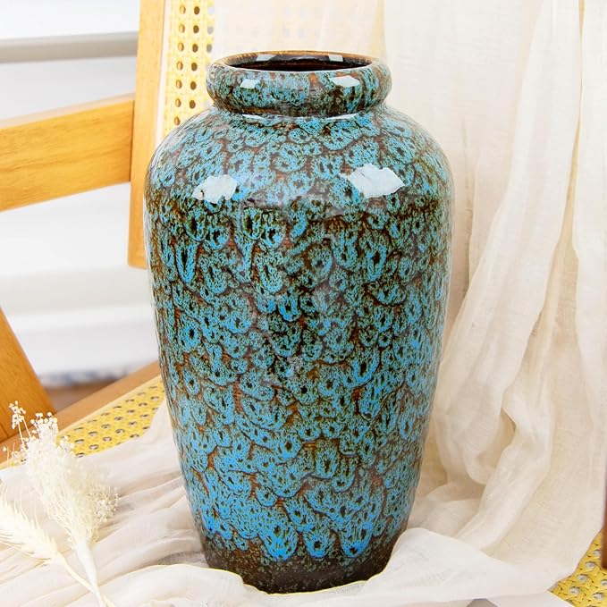 Unique Ceramic Flower Vase, Modern Home Decor for Living Room, Tables, Shelves & Enterways,11Inch Tall Glaze Blue Vase Gift for Housewarming, Wedding, Birthday