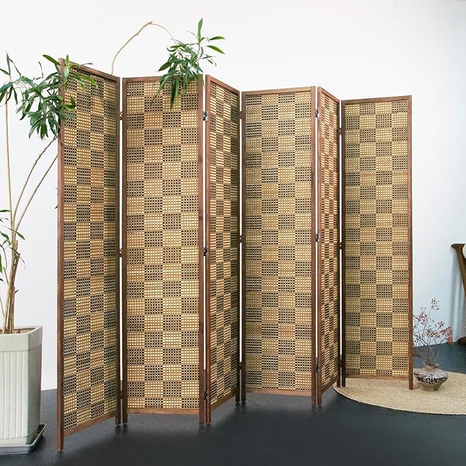 Furnnylane 6 Panel Bamboo Room Divider – 5.6 ft Tall Double-Sided Folding Privacy Screen, Freestanding Wall Partition for Home Office & Bedroom, Caramel Woven Texture, Easy Setup (67" H x 94.5" W)