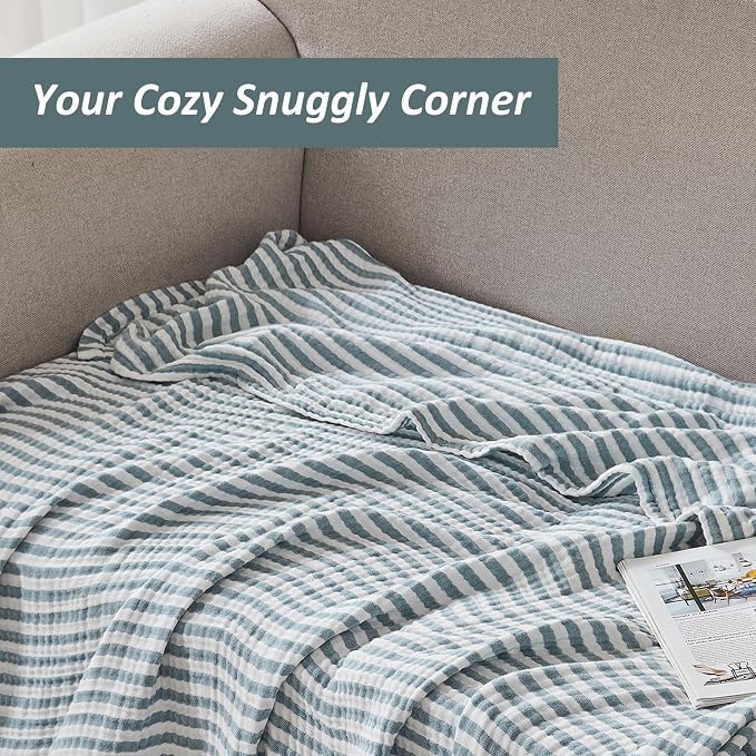 EMME Cotton Muslin Large Throw Blanket Couch 4-Layer Breathable Gauze Soft Lightweight Bed Blankets Adults (Striped Teal, 50"x71")