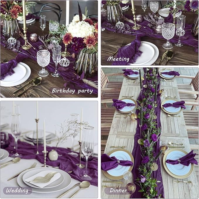 12 Pack 10Ft Cheesecloth Table Runner 35x120 Inch Boho Gauze Table Runner Rustic Cheese Cloth Long Romantic Table Runners for Wedding Bridal Shower Birthday Party Table Decor (Dark Purple)