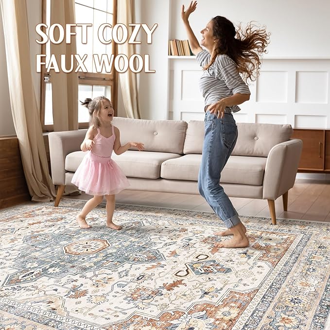 6x8 Area Rug Living Room: Washable Boho Large Neutral Vintage Soft Rugs Stain Resistant Distressed Farmhouse Non-Slip Indoor Floor Carpet for Bedroom Nursery Kids Office Dining Room- Beige Blue