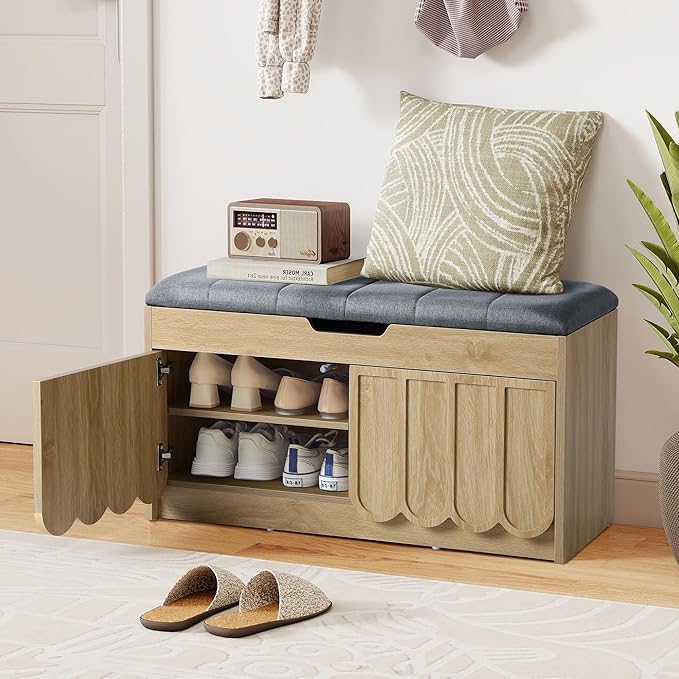 ORRD Shoe Storage Bench with Cushion, Entryway Shoe Cabinet Bench with 2 Scalloped Doors & Adjustable Shelf, 2-Tier Shoe Rack Organizer Cabine for Entryway, Hallway, Living Room (Natural)