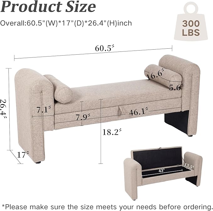 60.5" End of Bed Bench Storage Bench for Bedroom,Soft Linen Upholstered Ottoman Bench with Rolled Arms, Eentryway Bench with Storage for Living Room, Hallway, Dressing Room (Oatmeal)