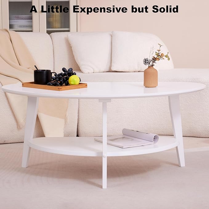 NAVREX Mid Century Modern Coffee Table, Oval Coffee Tables with Storage for Living Room, 2 Tier Solid Wood Center Table, White Coffe Tables, Easy Assembly, 40.2" D x 22" W x 17.7" H