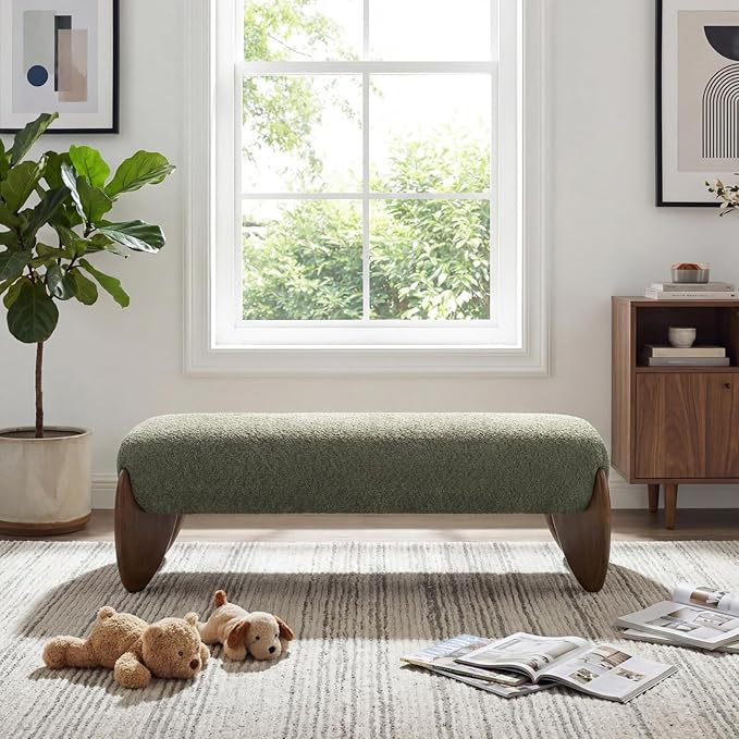 CIMOTA Green End of Bed Bench for Bedroom/Hallway/Dress Room/Living Room, Modern Entryway Bench, Boucle Window Bench with Padded Seat/Scalloped Wooden Legs, 50 Inch Long/Chenille