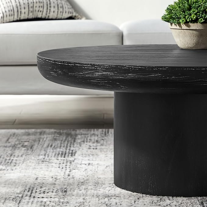 35.98'' Round Coffee Table, Circle Wood Black Coffee Table for Living Room, Modern Retro Style Pedestal Coffee Table, Easy Assembly, Black-ø35.98''