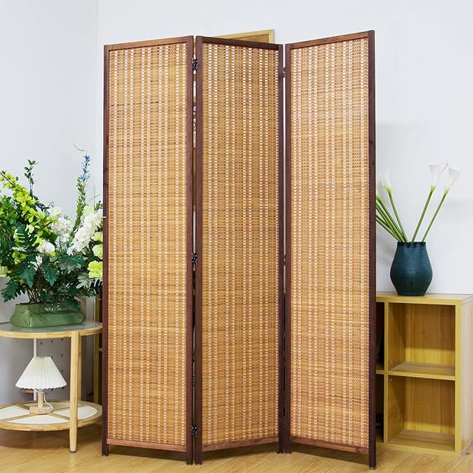 3 Panel Bamboo Room Divider Screen,5.6 FT Tall Bamboo Divider Folding Panel Screen,Freestanding Panel Divider for Room Seperation,Brown