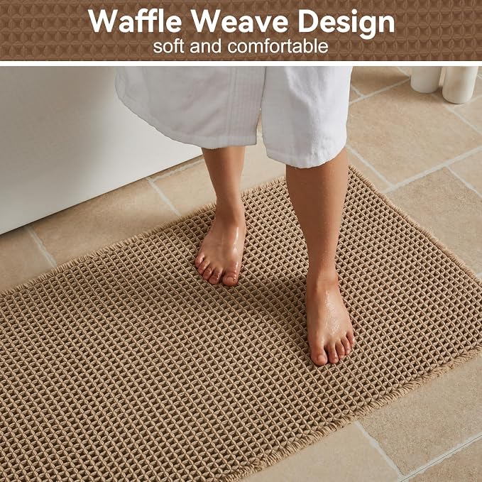 Triohero Waffle Bath Mat, Boho Bathroom Rugs Non Slip Washable, Ultra Soft Super Absorbent Quick Dry Farmhouse Bathroom Decor, 24" x 48", Khaki