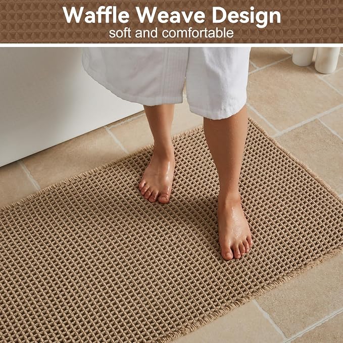 Triohero Waffle Bath Mat, Small Boho Bathroom Rugs Non Slip Washable, Ultra Soft Super Absorbent Quick Dry Farmhouse Bathroom Decor, 16" x 24", Khaki