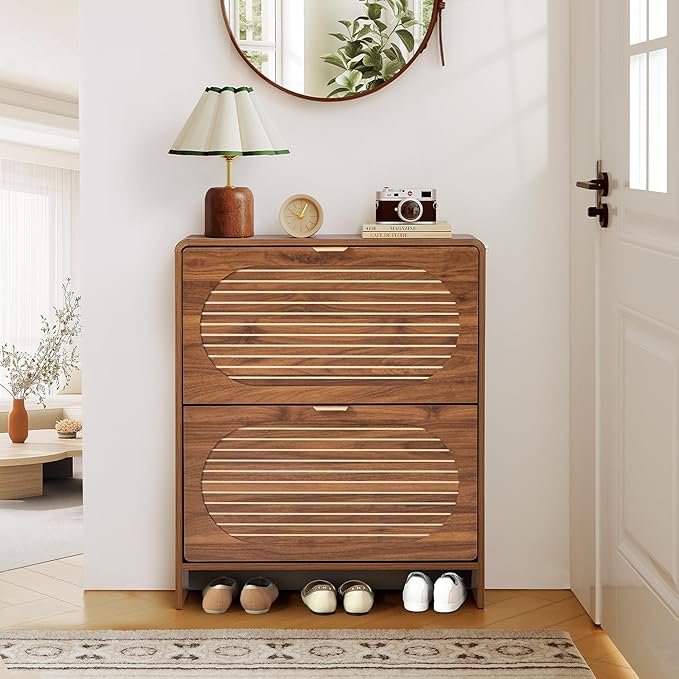 Wood Shoe Storage Cabinet with 2 Flip Drawer, Mid-Century Farmhouse Curved Corner Shoe Cabinet Arched Fluted Pattern, Hidden Narrow Shoe Organizer for Entryway, Living Room (Walnut, No-Divider)