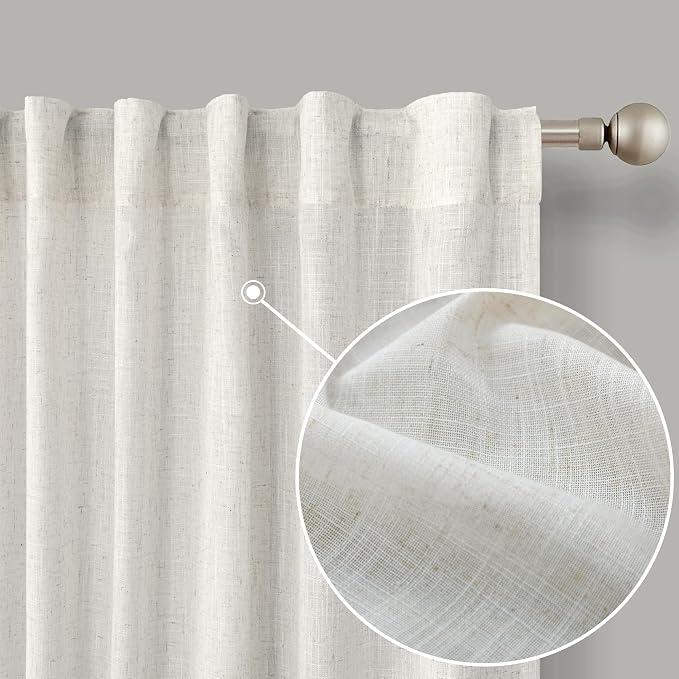 KOUFALL 60 Inch Wide Linen Curtains, Privacy Sheer Light Filtering Boho Back Tab Pleated Curtains for Living Room Bedroom, 60x84 Inch Long, 2 Panel Set, Cream Beige