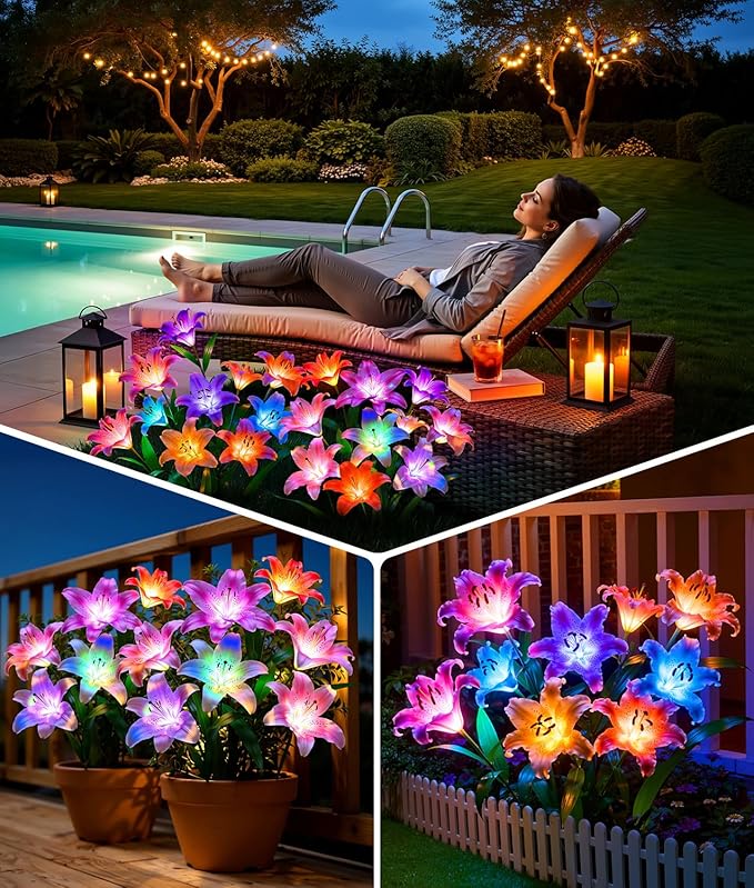 LETMY 8 Pack Solar Garden Lights, Solar Flower Lights with 6 Head Bigger Lily Lights, IP65 Waterproof Solar Lights Outdoor, Decorative Lights for Garden, Patio, Yard, Flower Bed