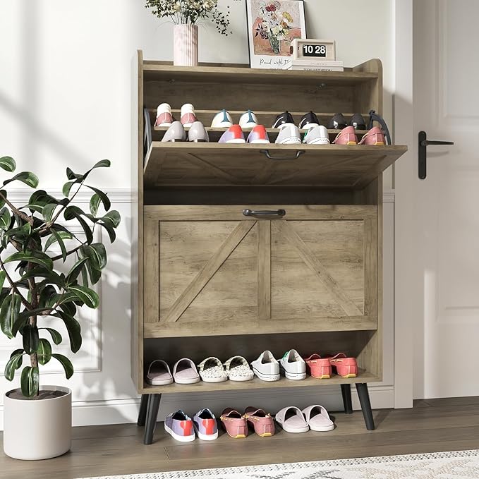 Shoe Storage Cabinet with 2 Flip Drawers, Hidden Shoe Cabinet Storage for Entryway Slim, Farmhouse Shoe Organizer Entryway with Wood Legs, Narrow Shoe Rack Cabinet, Rustic Oak