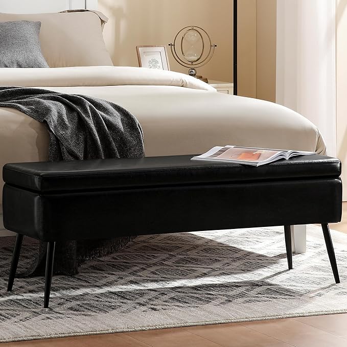 kinmars Leather Storage Ottoman Bench,End of Bed Bench for Living Room Bedroom Dinning Room Entryway,Mid-Century Modern, with Steel Legs,Safety Hinges, Loads 660 lb (Without Button, Black)