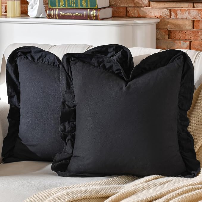 AmHoo Pack of 2 Throw Pillow Covers 100% Cotton Pre Washed Ruffle Decorative Pillowcase Cushion for Couch Sofa Bedroom 18 x 18-Inch Black