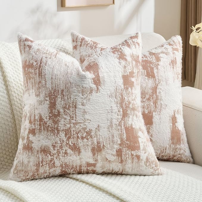 FUTEI Pack of 2 Faux Cashmere Jacquard Throw Pillow Covers 26x26 Inch Soft Marble Pattern Vintage Decorative Euro Pillow Shams Modern Farmhouse Accent for Couch Bed Living Room, Rust White