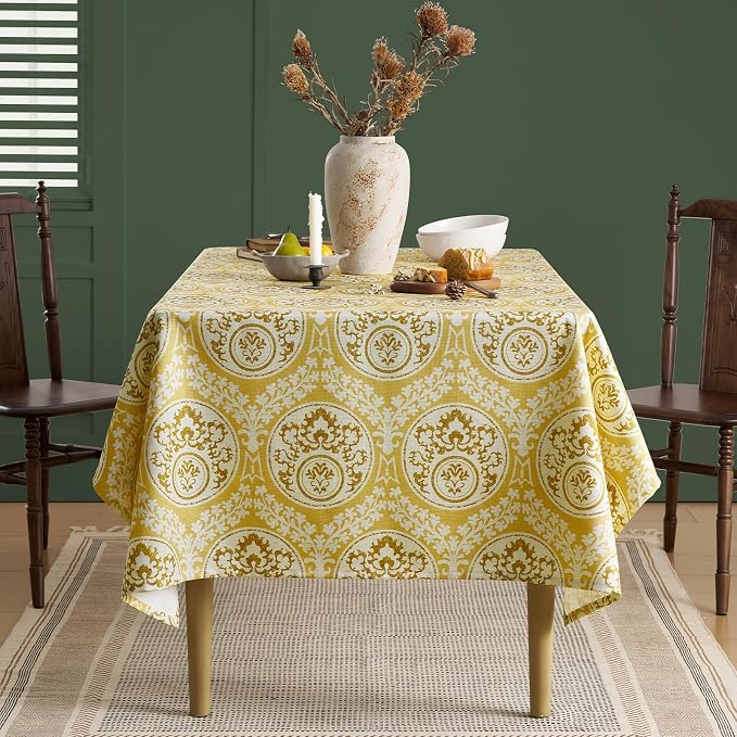 Rustic Yellow Floral Rectangle Tablecloth: Linen Printed Farmhouse Table Cloth - Damask Patterned on Burlap Textured Fabric Outdoor Table Cover for Kitchen,Dining,Party,Picnic Decor, 55x102 Inch